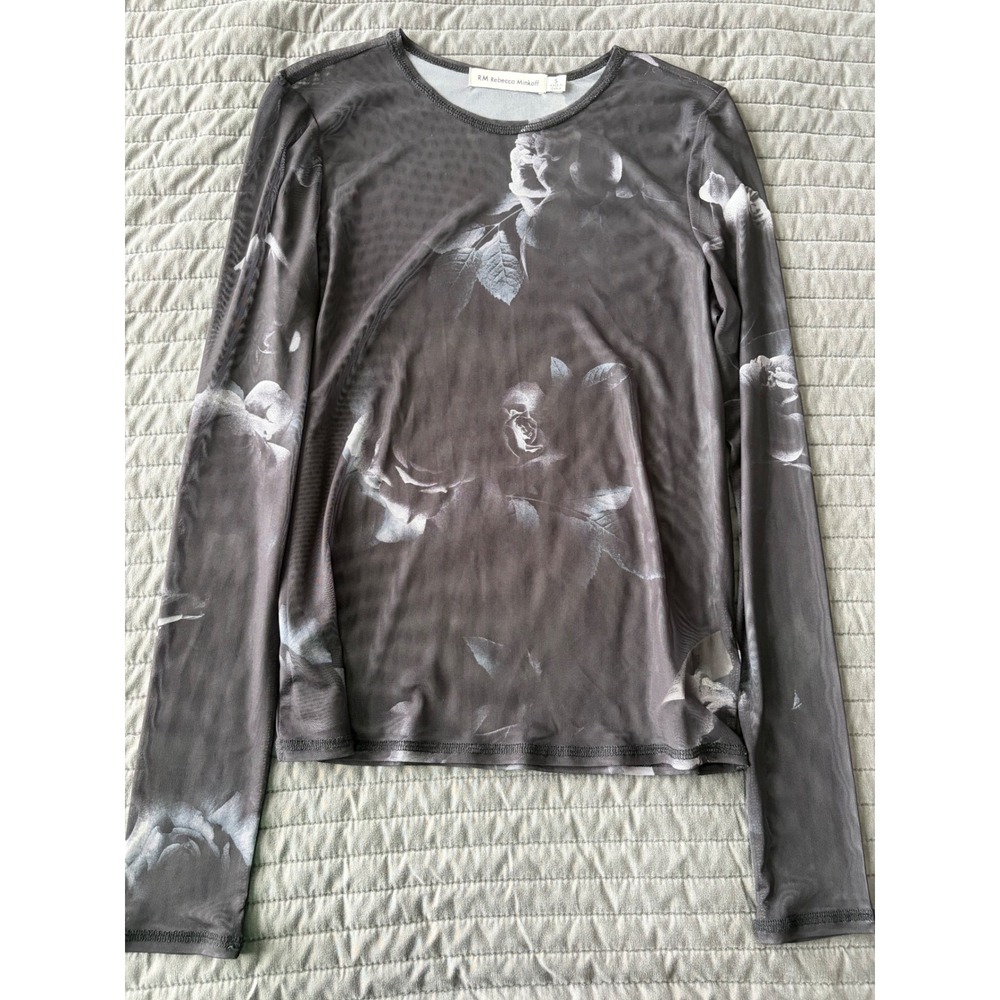 Rebecca Minkoff Grey Floral Mesh Long Sleeve Top Crew Neck Rose Print Small - Picture 2 of 7
